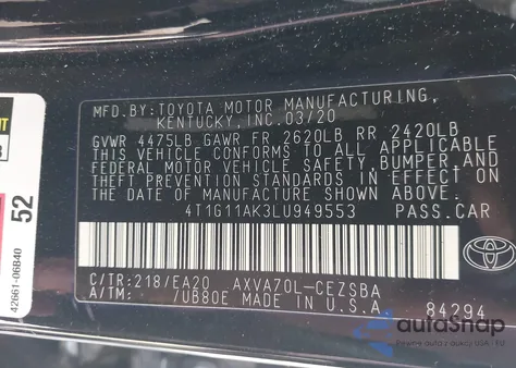 2020 Toyota Camry Se from USA, damaged, VIN 4T1G11AK3LU949553